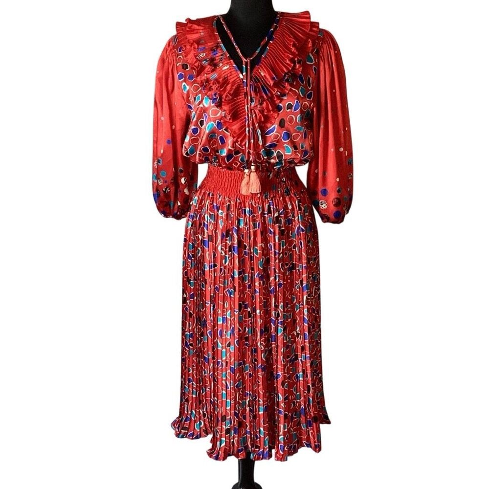 Vintage 80’s Diane Freis Original Ruffled Abstract Red Dress Puffed Sleeves - Picture 2 of 12